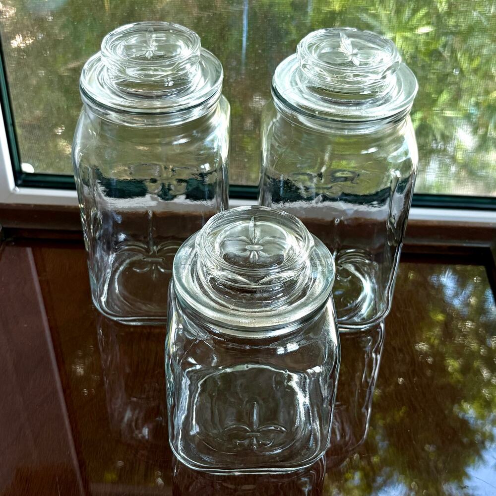 Vintage Anchor Hocking Fleur De Lis Glass Canister Jar Set of 3 (6 pieces total)